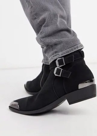 Черные ботинки челси в стиле вестерн из искусственной замши на кубинском каблуке с пряжками ASOS DESIGN-Черный цвет