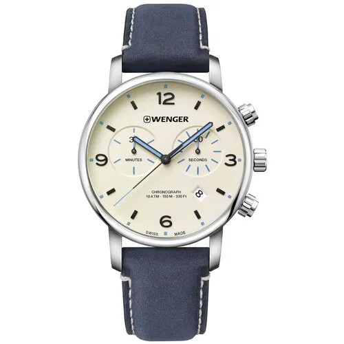 Наручные часы WENGER 01.1743.119 мужские, кварцевые, хронограф, секундомер, водонепроницаемые, подсветка стрелок, синий