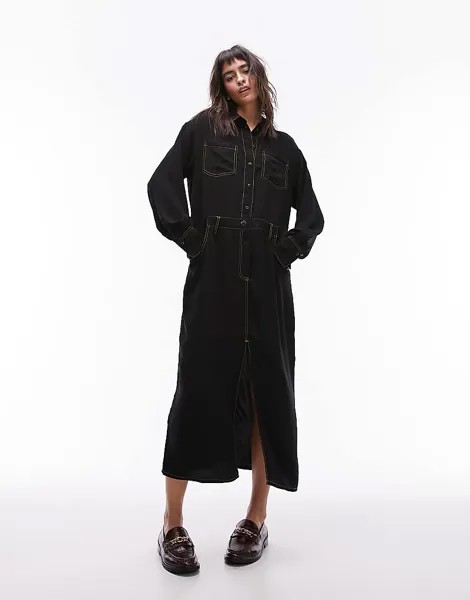 Черное платье-рубашка с контрастной строчкой Topshop
