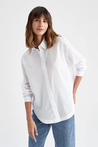 Базовая рубашка стандартного кроя с длинными рукавами, туника из 100% хлопка DeFacto, белый
