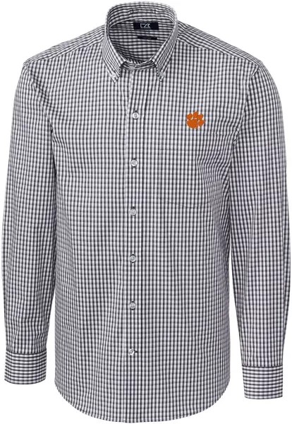 Мужская серая рубашка в мелкую клетку Cutter & Buck Clemson Tigers на пуговицах с длинными рукавами