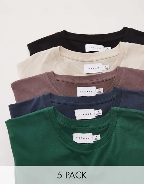 Topman — комплект из 5 футболок классического кроя черного, коричневого, каменно-бежевого, темно-синего и зеленого цветов