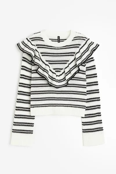 Свитер H&M Ruffle Trimmed Textured, белый/черный