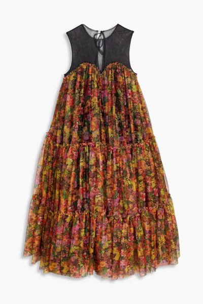 Многоярусное платье миди из тюля с цветочным принтом Philosophy Di Lorenzo Serafini, шартрез