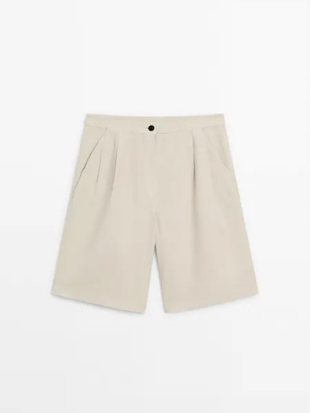 Шорты-Бермуды из смесового хлопка с вытачками Massimo Dutti, бежевый