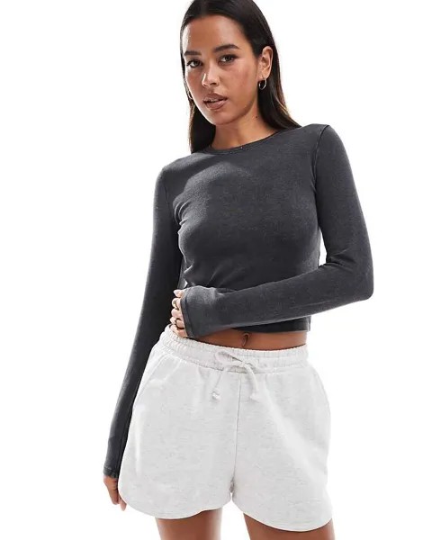 Pull&Bear – темно-серая футболка с длинными рукавами и эффектом потертости
