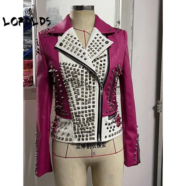 Женская байкерская куртка LORDLDS, розовая и красная байкерская куртка из искусственной кожи с шипами, модная одежда в стиле панк-рок для женщи...