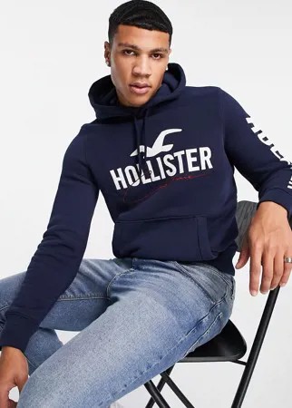 Худи темно-синего цвета с логотипом на рукаве Hollister-Темно-синий