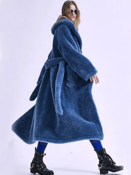 Winter Fashion Thick Warm Blue Long Hooded Fur Coat for Women Elegant Plush Overcoat Ladies Red Faux Fur Jacket Outerwear