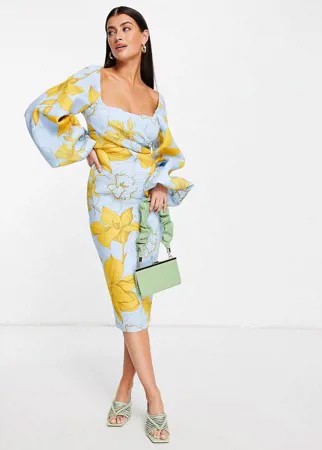 Платье-футляр миди с квадратным вырезом, запахом на лифе и крупным цветочным принтом ASOS DESIGN-Разноцветный