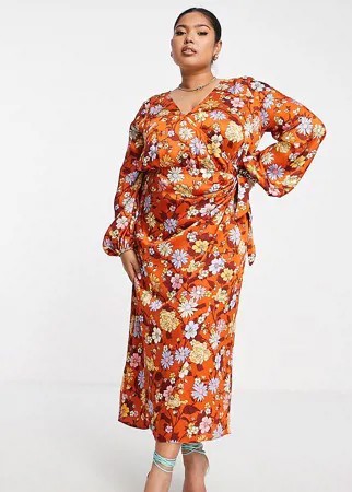 Атласное платье макси с запахом и цветочным принтом в стиле 70-х ASOS DESIGN Curve-Разноцветный