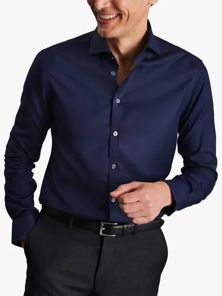 Рубашка приталенного кроя из нежелезного твила Charles Tyrwhitt с вырезом на воротнике, темно-синяя