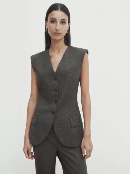 Длинный шерстяной костюмный жилет с уплотненными плечами Massimo Dutti, серый