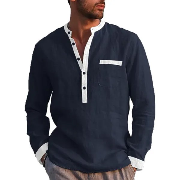 Мужская рубашка на пуговицах с длинным рукавом хлопковая и льняная рубашка с цветными блоками нагрудный карман