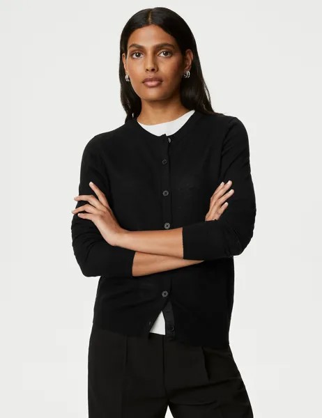 Кардиган с круглым вырезом из чистой мериносовой шерсти Marks & Spencer, черный