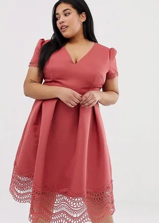 Пышное платье миди для выпускного терракотового цвета с глубоким вырезом и кружевной отделкой Little Mistress Plus-Красный