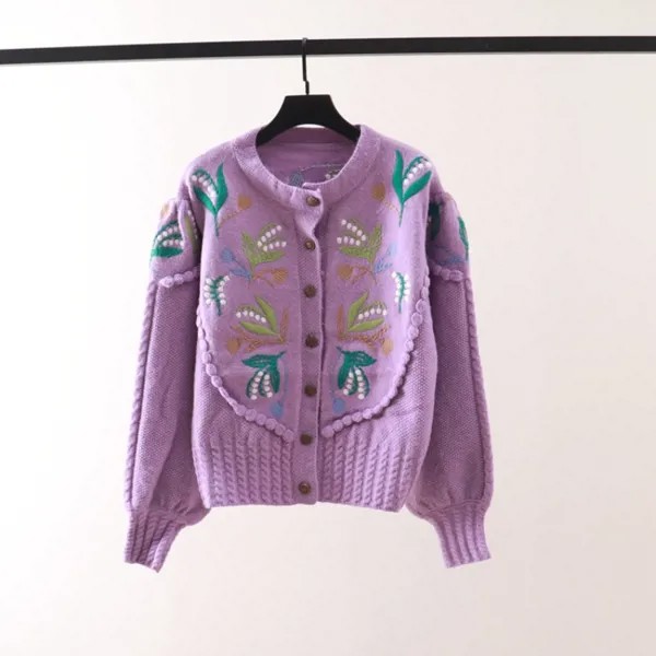 Пурпурный свитер, кардиганы, женские вязаные топы, свободная модная Джерси с цветочной вышивкой, Осень-зима 2022, милая японская и Корейская ж...