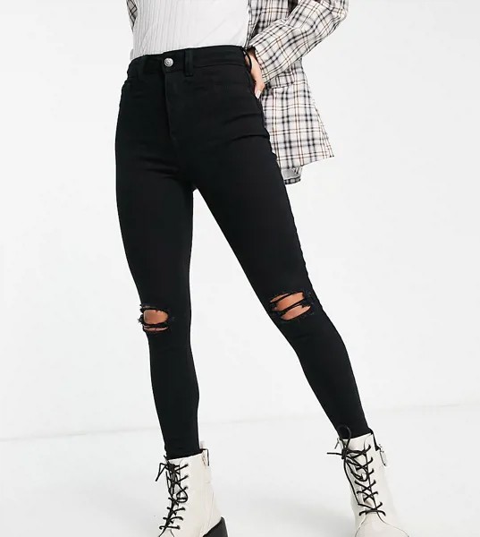 Черные зауженные джинсы со рваной отделкой в стиле диско New Look Petite-Черный цвет
