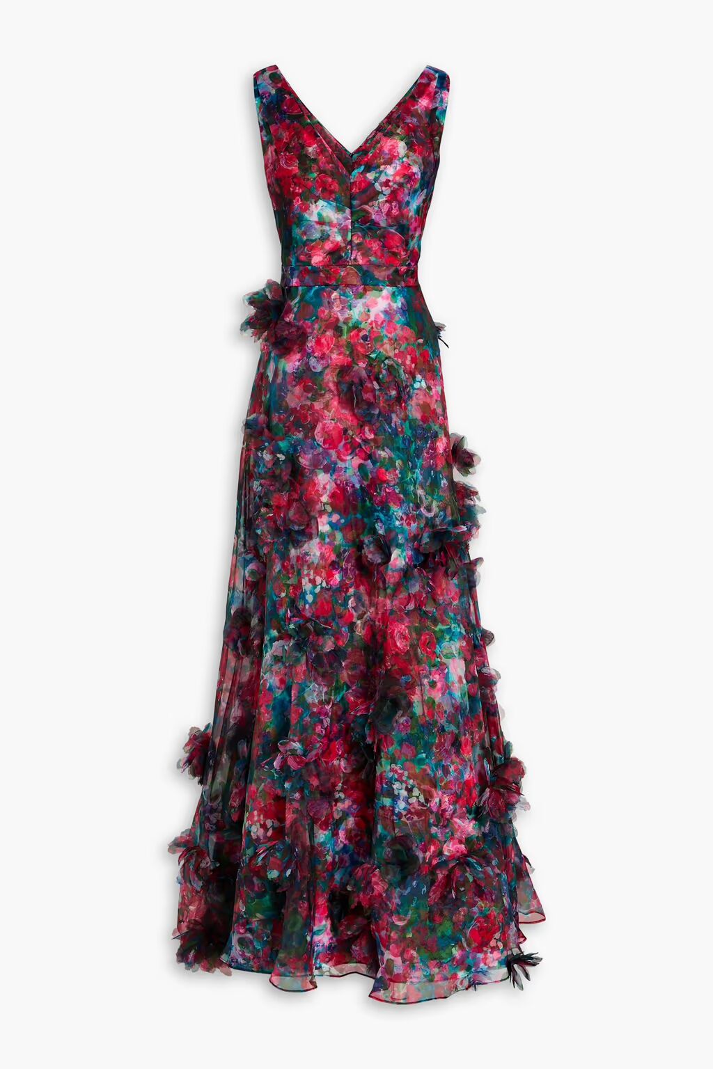 Платье из органзы с тюлевой отделкой и цветочным принтом Marchesa Notte, изумруд