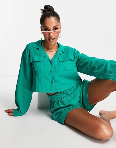 Пляжная oversized-рубашка с карманами изумрудно-зеленого цвета из двойной газовой ткани от комплекта ASOS DESIGN-Зеленый цвет