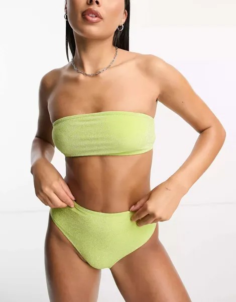 Лаймово-зеленый бикини-топ Monki с блестками и завязкой сзади