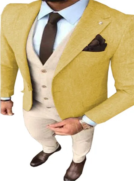 Мужские костюмы из 3 предметов, желтые шерстяные Твидовые костюмы, свадебные костюмы, классический пиджак с лацканами и отложным воротником...