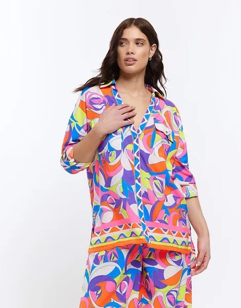 Ярко-синяя пляжная рубашка оверсайз River Island – с абстрактным узором