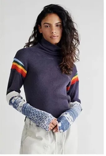 Темно-синяя водолазка с яркими полосками Free People Rainbow Of Love XS 98 долларов США