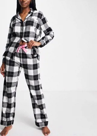 Черный фланелевый пижамный комплект в клетку с отложным воротником Revere New Look-Черный цвет