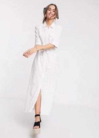 Белое платье-рубашка макси с вышивкой ришелье ASOS DESIGN-Белый