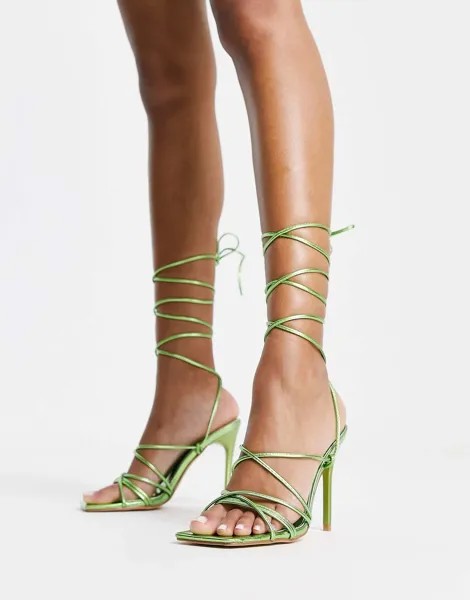 Зеленые босоножки на каблуке с завязками и квадратным носком Truffle Collection