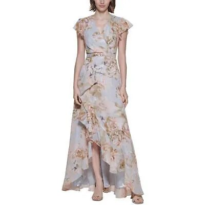 Calvin Klein Женское серое вечернее платье с оборками и цветочным принтом 6 BHFO 1993 г.