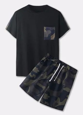 Mens Camo & Patchwork Print Дышащие повседневные костюмы из двух частей