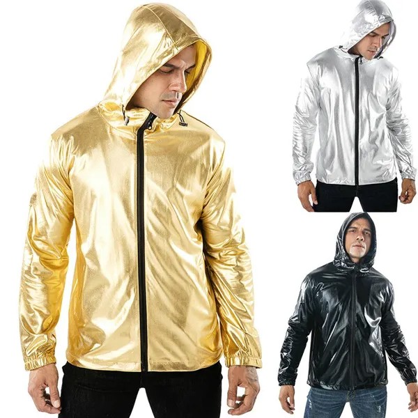 Мужская осенне-зимняя позолоченная куртка для мальчиков, модная Золотая блестящая спортивная куртка с капюшоном, повседневная мужская Све...