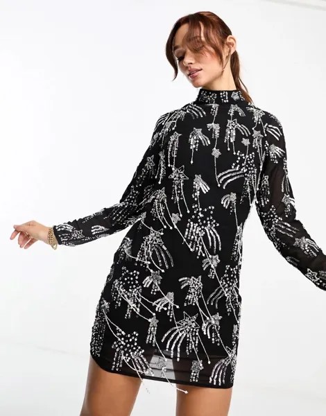 Черное платье мини с длинными рукавами и звездами River Island