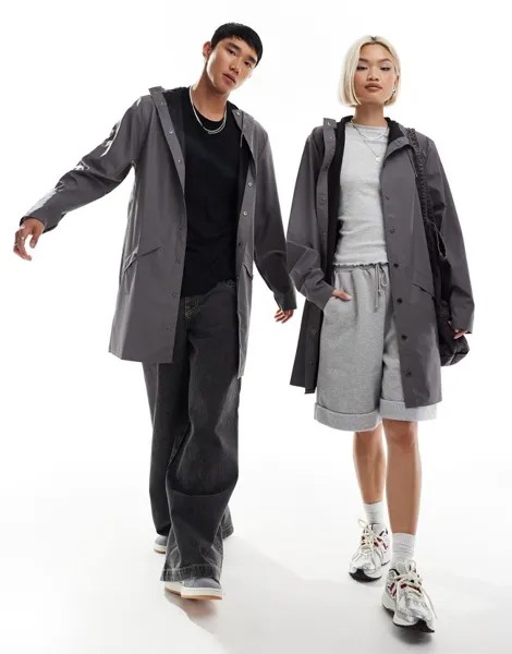 Rains Unisex — 12020 — Серая длинная непромокаемая куртка с капюшоном
