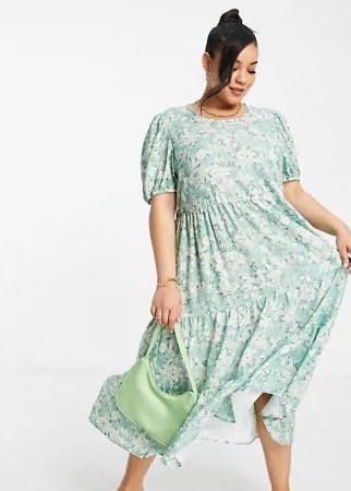 Свободное ярусное платье миди с оборками и зеленым цветочным принтом In The Style Plus х Stacey Solomon-Многоцветный
