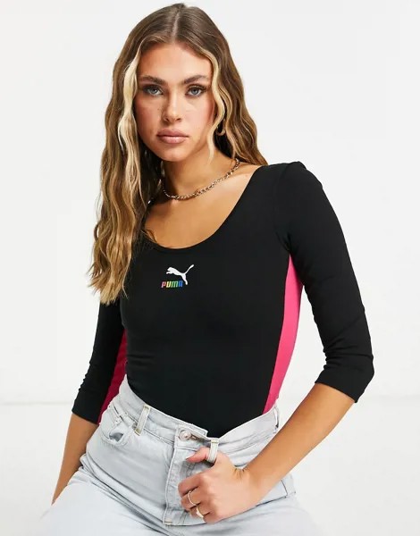 Черное боди с короткими рукавами и розовыми вставками Puma Classics-Черный цвет