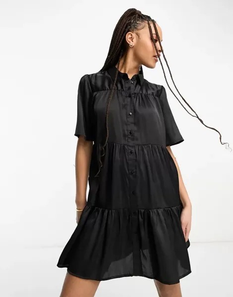 Черное атласное свободное платье мини JDY