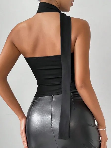 SHEIN Privé летняя рубашка без бретелек, однотонная, плиссированная, приталенного кроя, черный цвет