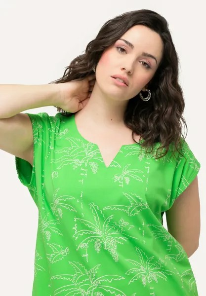 Футболка с принтом PALM TREE SPLIT NECK CAP SLEEVE Ulla Popken, зеленый