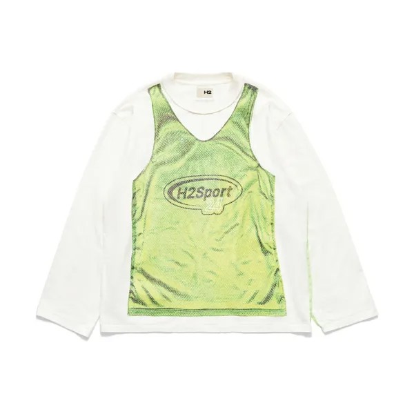 Лонгслив H&M H2 Printed Jersey, белый/светло-зеленый
