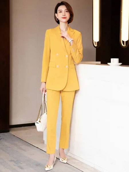 Корейские женщины на осень и зиму официальная рабочая одежда; Жакет и брюки абрикосового цвета деловой костюм женский костюм из двух предме...