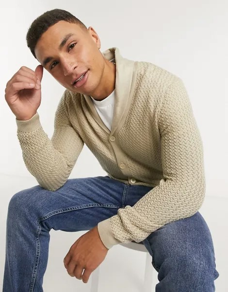 Бежевый кардиган с узором «плетенка» и шалевым воротником ASOS DESIGN