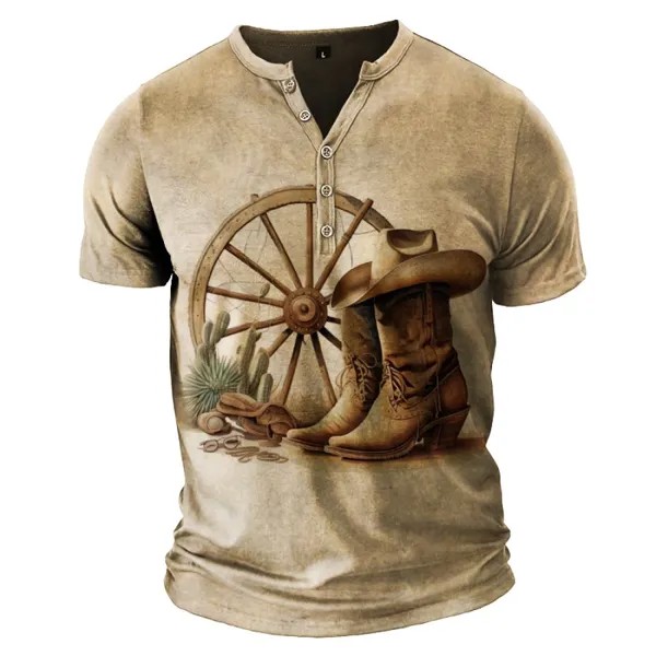Мужская винтажная футболка в ковбойском стиле Western Yellowstone Boots And Hats Wagon Wheels T-Shirt Henley Collar Breathable Casual Tee