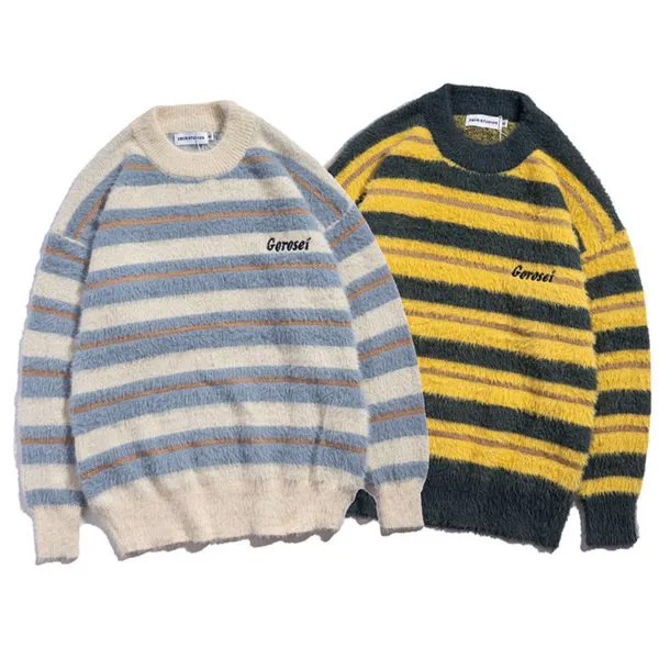 Пушистый полосатый вязаный свитер для мужчин и женщин, теплые зимние пуловеры оверсайз, зимние свободные длинные свитера, уличная одежда