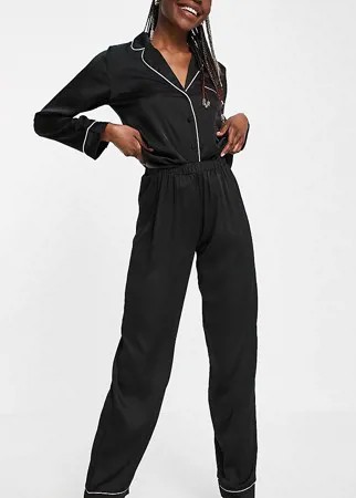 Черная атласная пижама с рубашкой с длинными рукавами и штанами ASOS DESIGN Tall-Черный