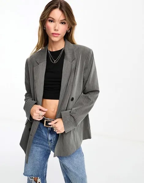 Серый двубортный пиджак в тонкую полоску ASOS DESIGN
