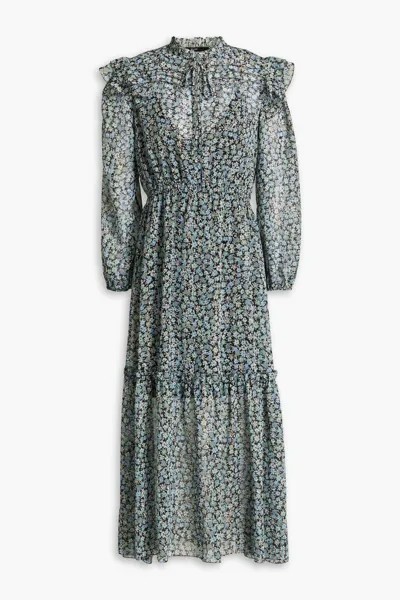 Многоярусное шифоновое платье миди фил-купе с цветочным принтом металлик Maje, светло-синий
