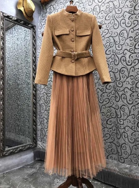 Женский дизайнерский комплект одежды, шерстяное пальто на пуговицах с бисером и длинная юбка макси из фатина, Осень-зима 2021